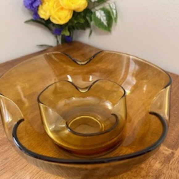 Vintage Amber Glass Chip and Dip Set Mid-Century Modern Two-Piece‎ Entertaining - Picture 3 of 8